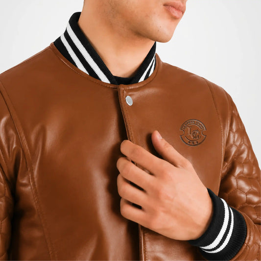 Brown Leather Long Coat with Quilted Sleeves