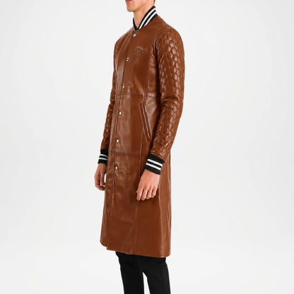 Brown Leather Long Coat with Quilted Sleeves