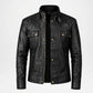 A black leather jacket with a stand-up collar, front snap and zip closure, and two buttoned chest flap pockets, shown on a light gray background.