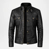 A black leather jacket with a stand-up collar, front snap and zip closure, and two buttoned chest flap pockets, shown on a light gray background.