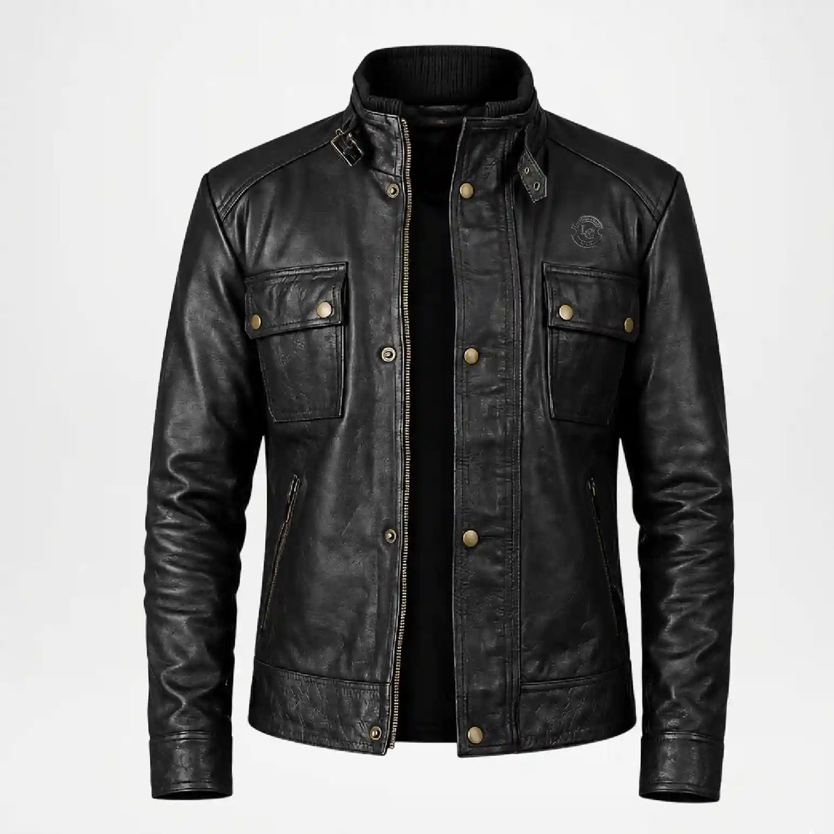 A black leather jacket with a stand-up collar, front snap and zip closure, and two buttoned chest flap pockets, shown on a light gray background.