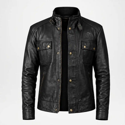 A black leather jacket with a stand-up collar, front snap and zip closure, and two buttoned chest flap pockets, shown on a light gray background.