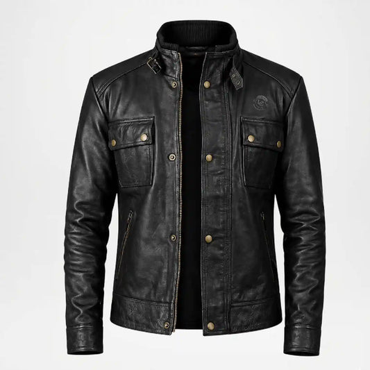 A black leather jacket with a stand-up collar, front snap and zip closure, and two buttoned chest flap pockets, shown on a light gray background.