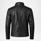 A black leather jacket shown from the back, featuring a high collar, long sleeves, and a straight silhouette on a light gray background.