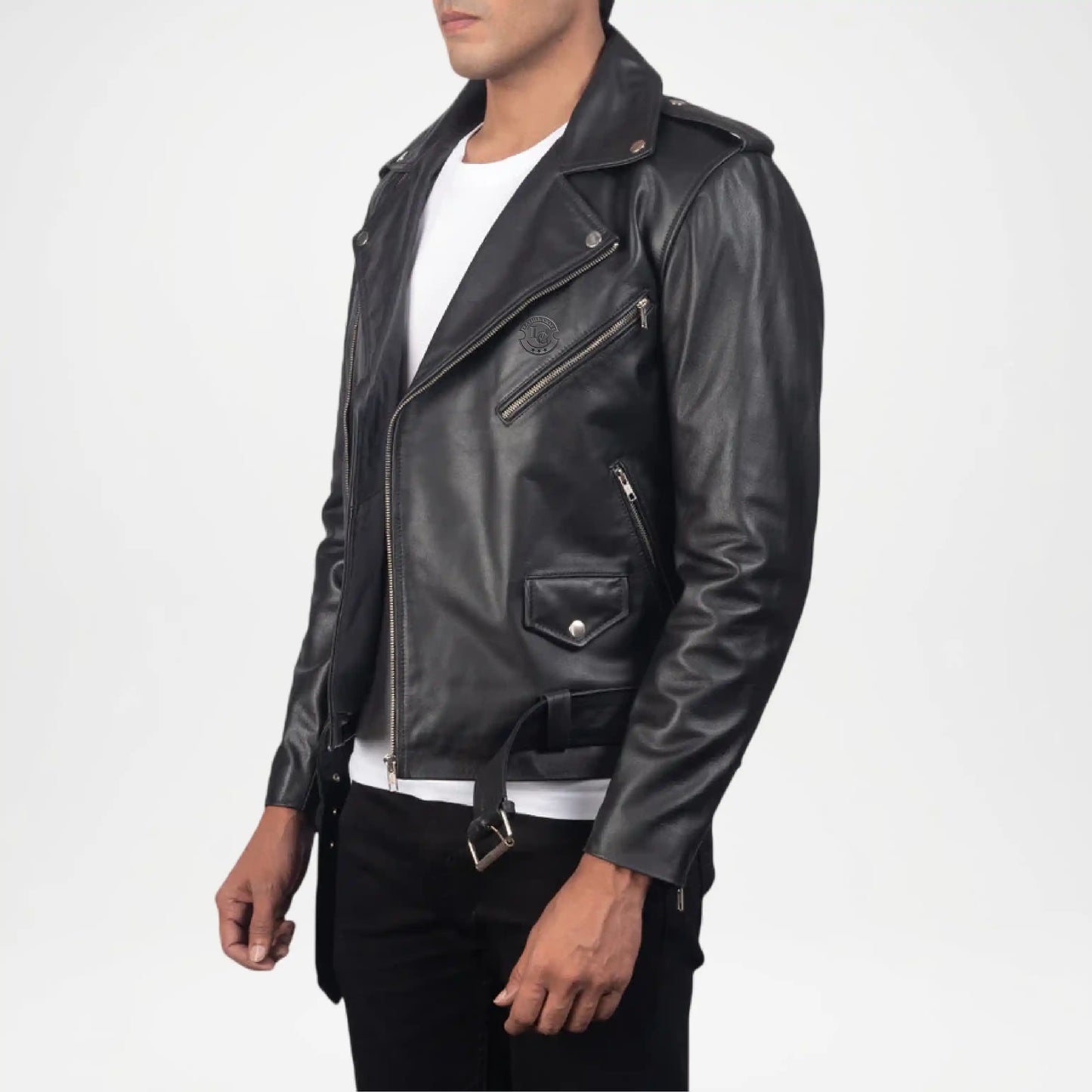 black leather zip moto jacket