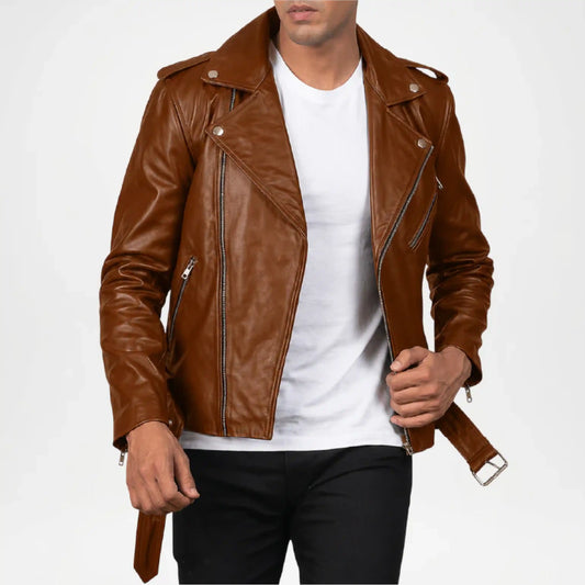 brown leather moto jacket men