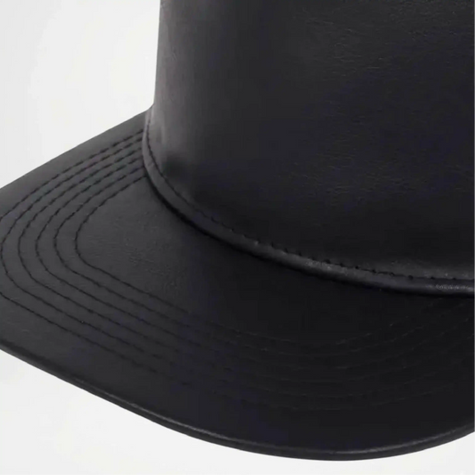 Close-up of a black leather hat