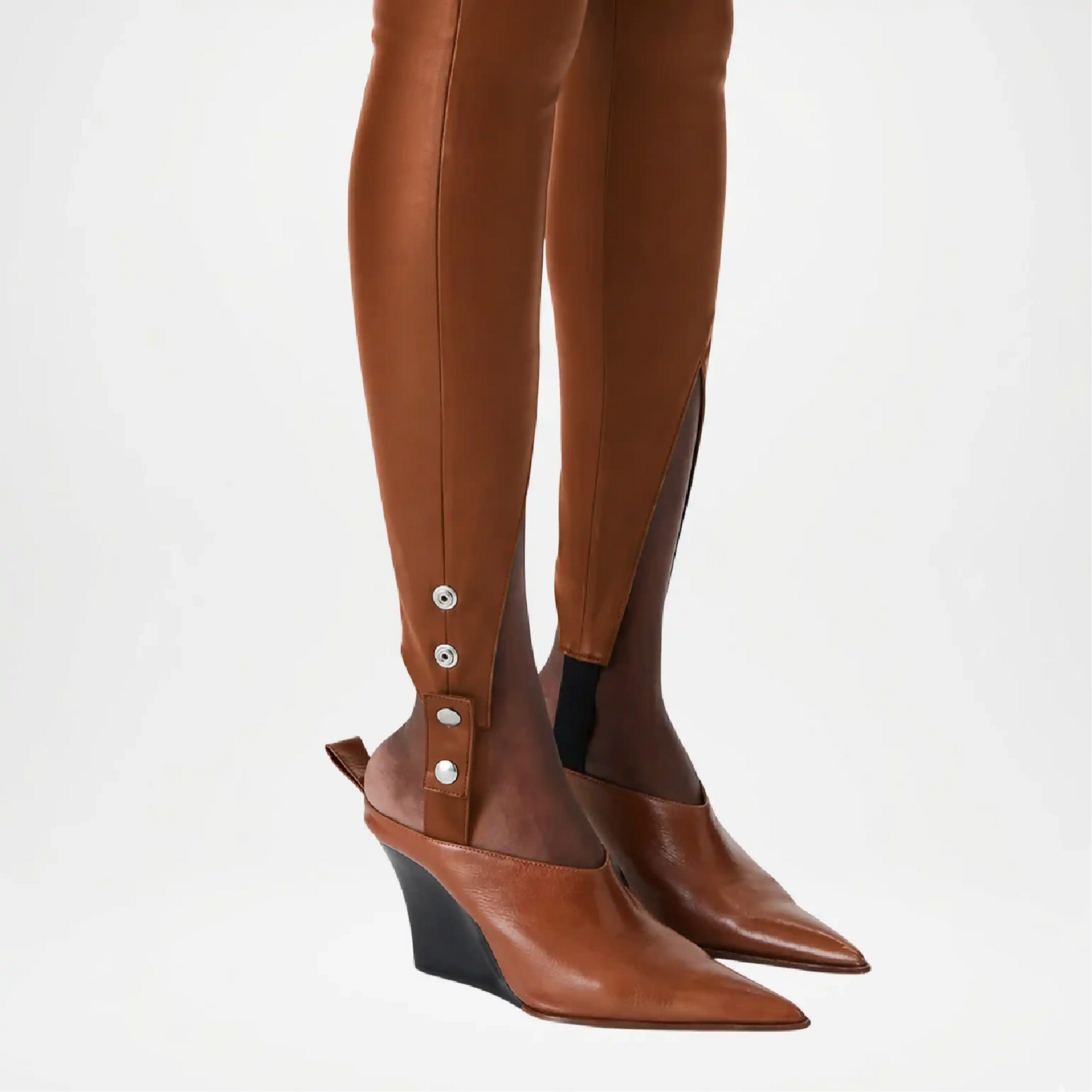 Brown leather leggings with button details