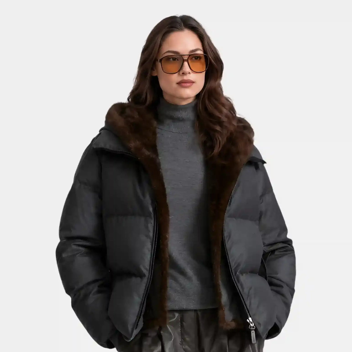 Black Puffer Jacket with Brown Fur Collar