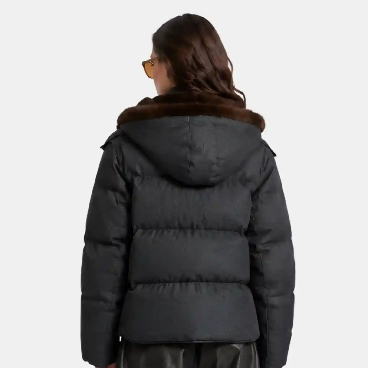 Back View Of Black Puffer Jacket with Brown Fur Collar