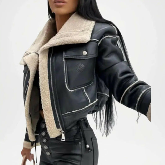 Black Shearling Faux Leather Jacket for Women