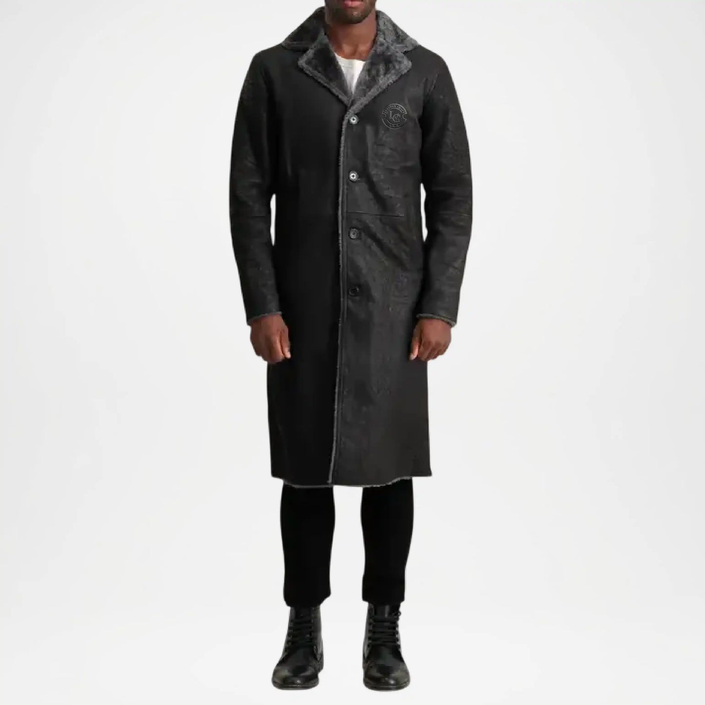 mens black shearling trench coat leather