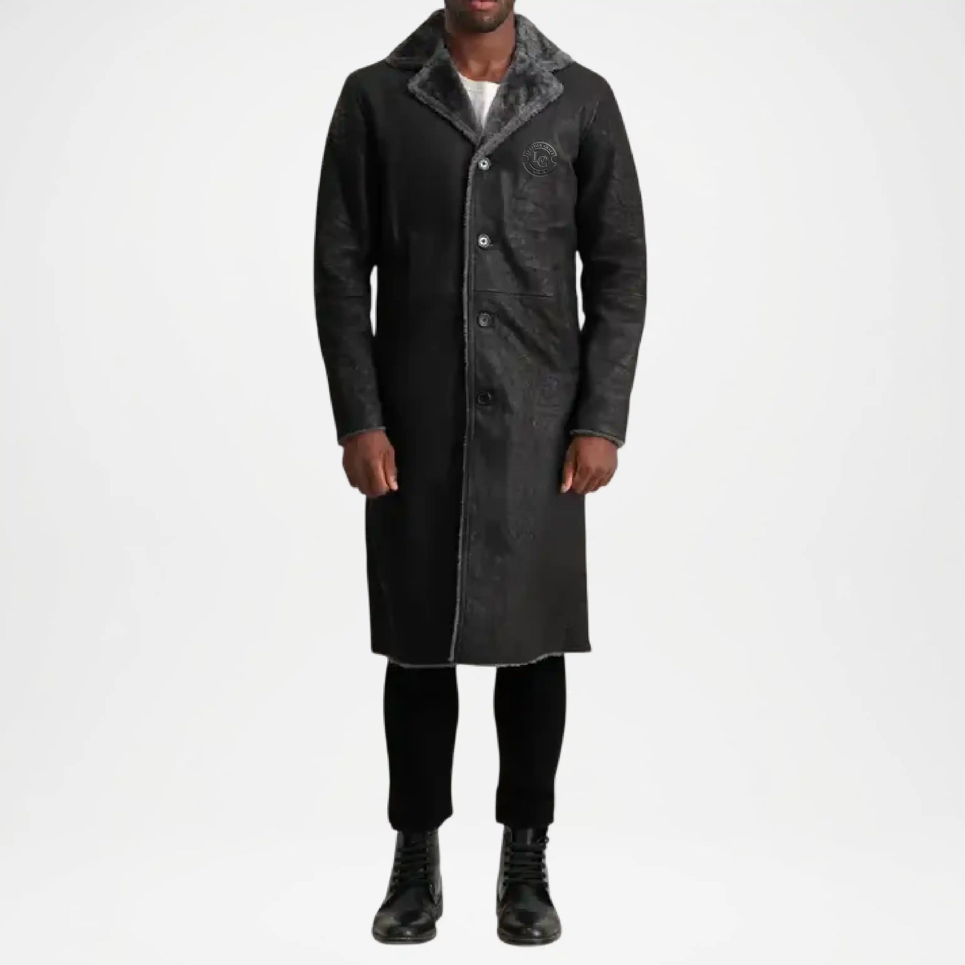 mens black shearling trench coat leather