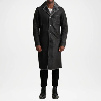 mens black shearling trench coat leather