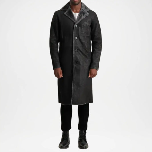 mens black shearling trench coat leather
