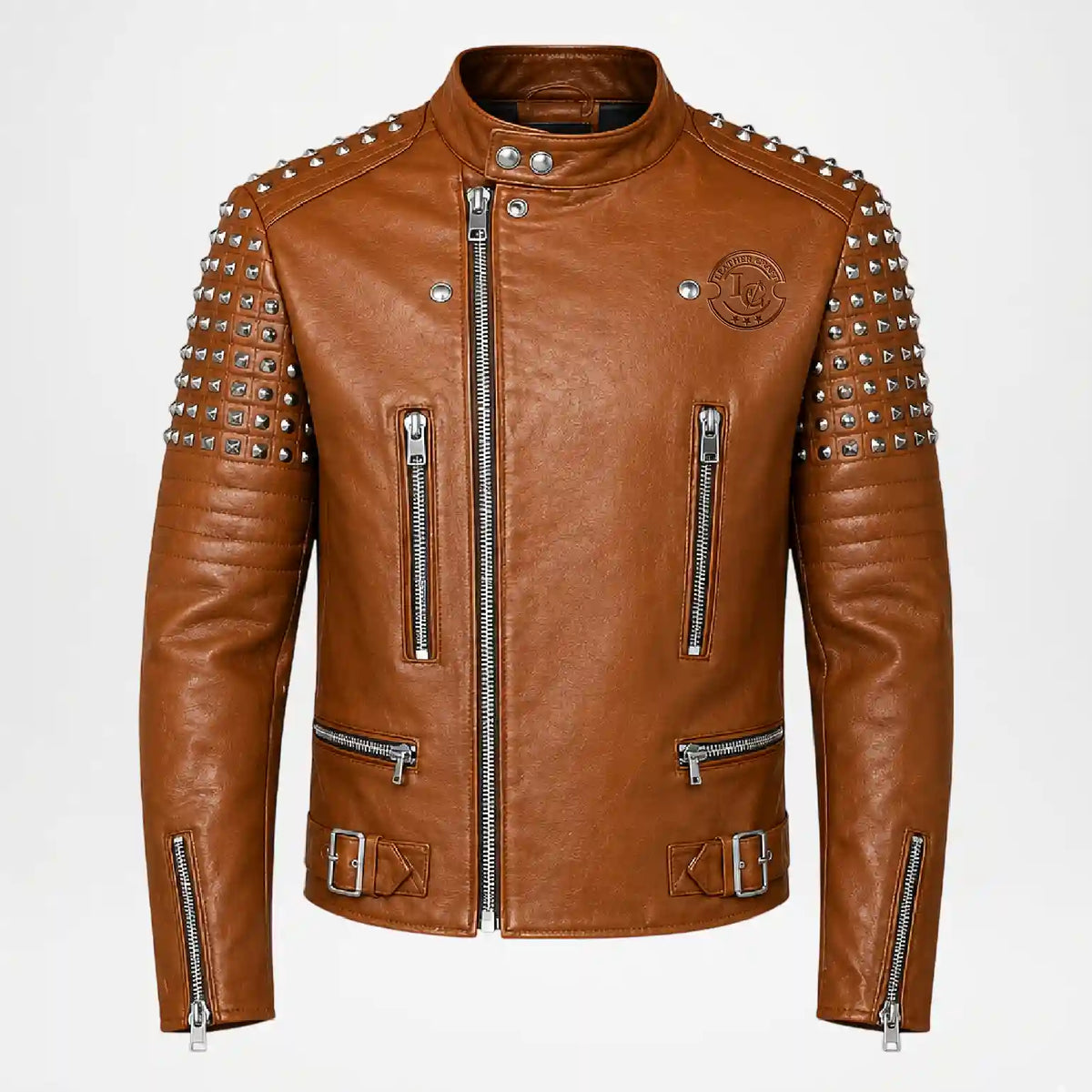 Brown Studded Biker Leather Jacket for Men