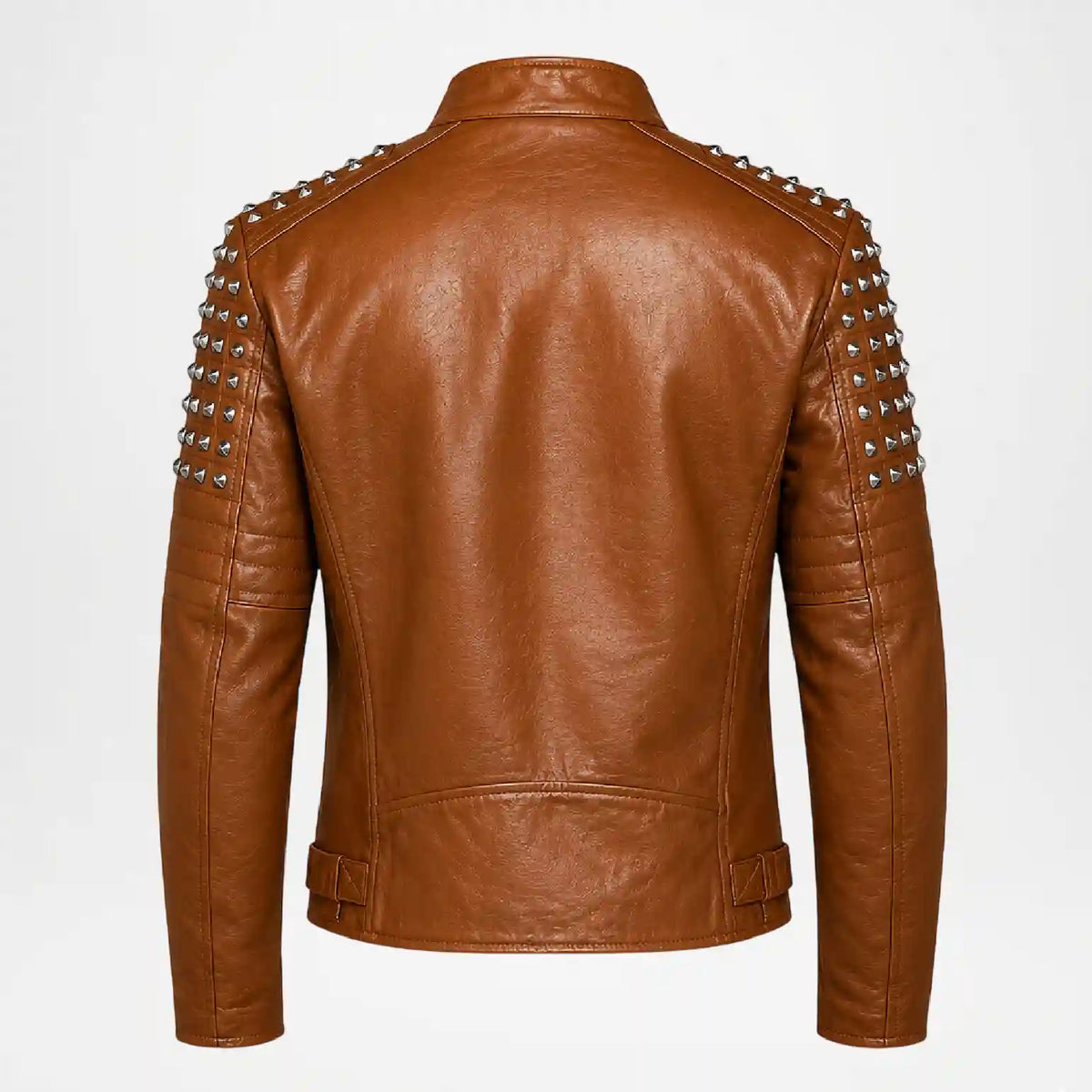 Brown Studded Biker Leather Jacket for Men back view
