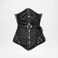 Black corset with silver buckles on a light gray background