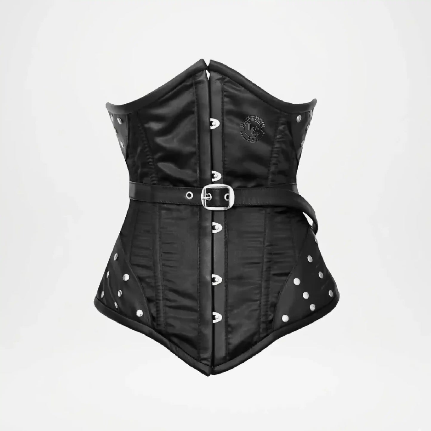 Black corset with silver buckles on a light gray background