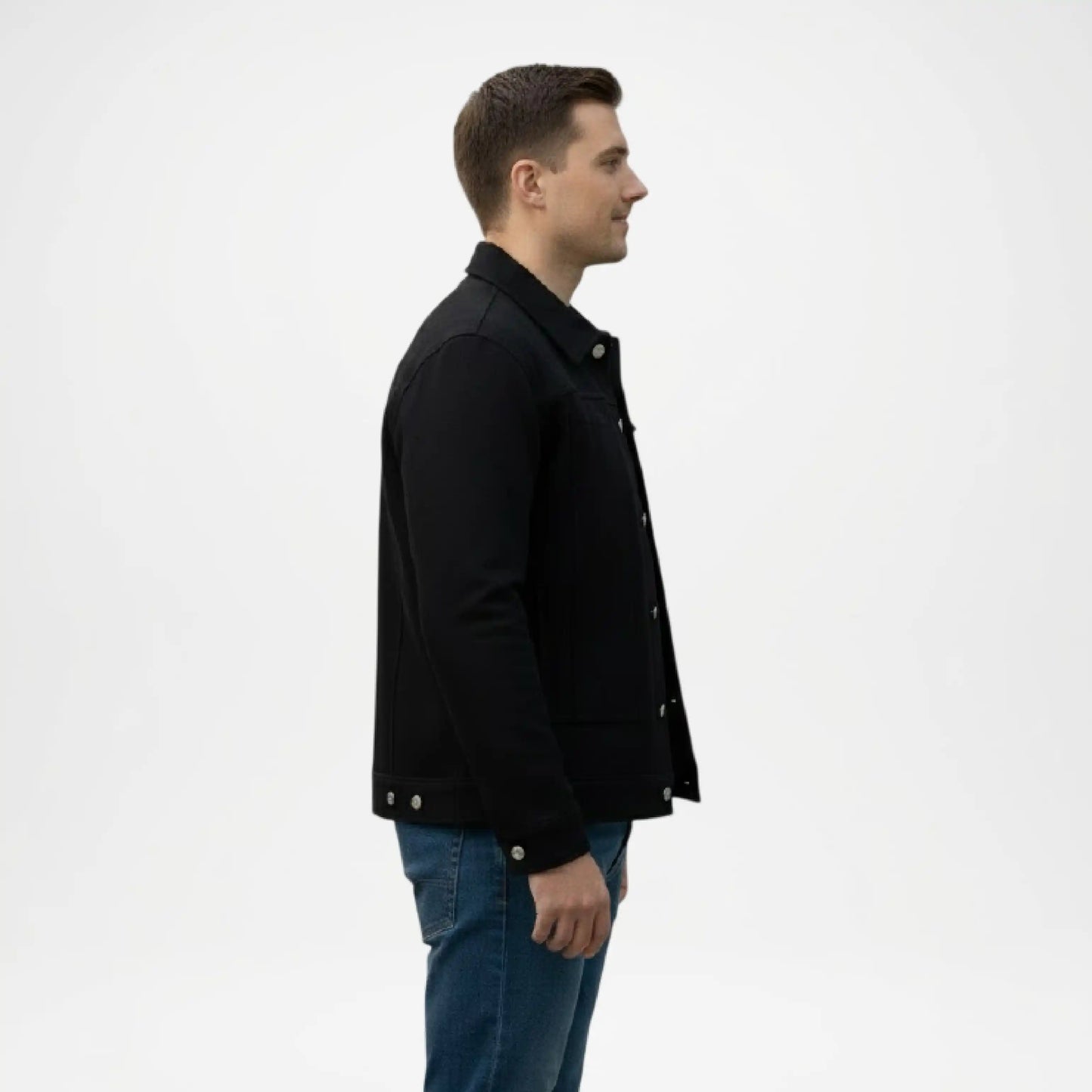 Men’s casual black trucker jacket with classic collar