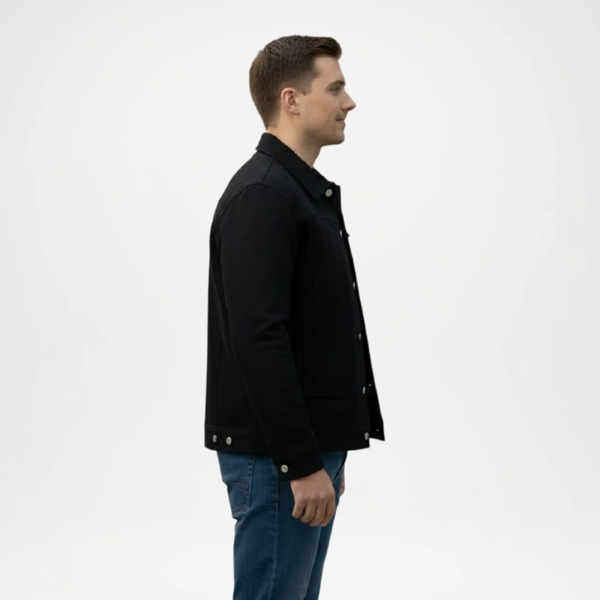 Men’s casual black trucker jacket with classic collar