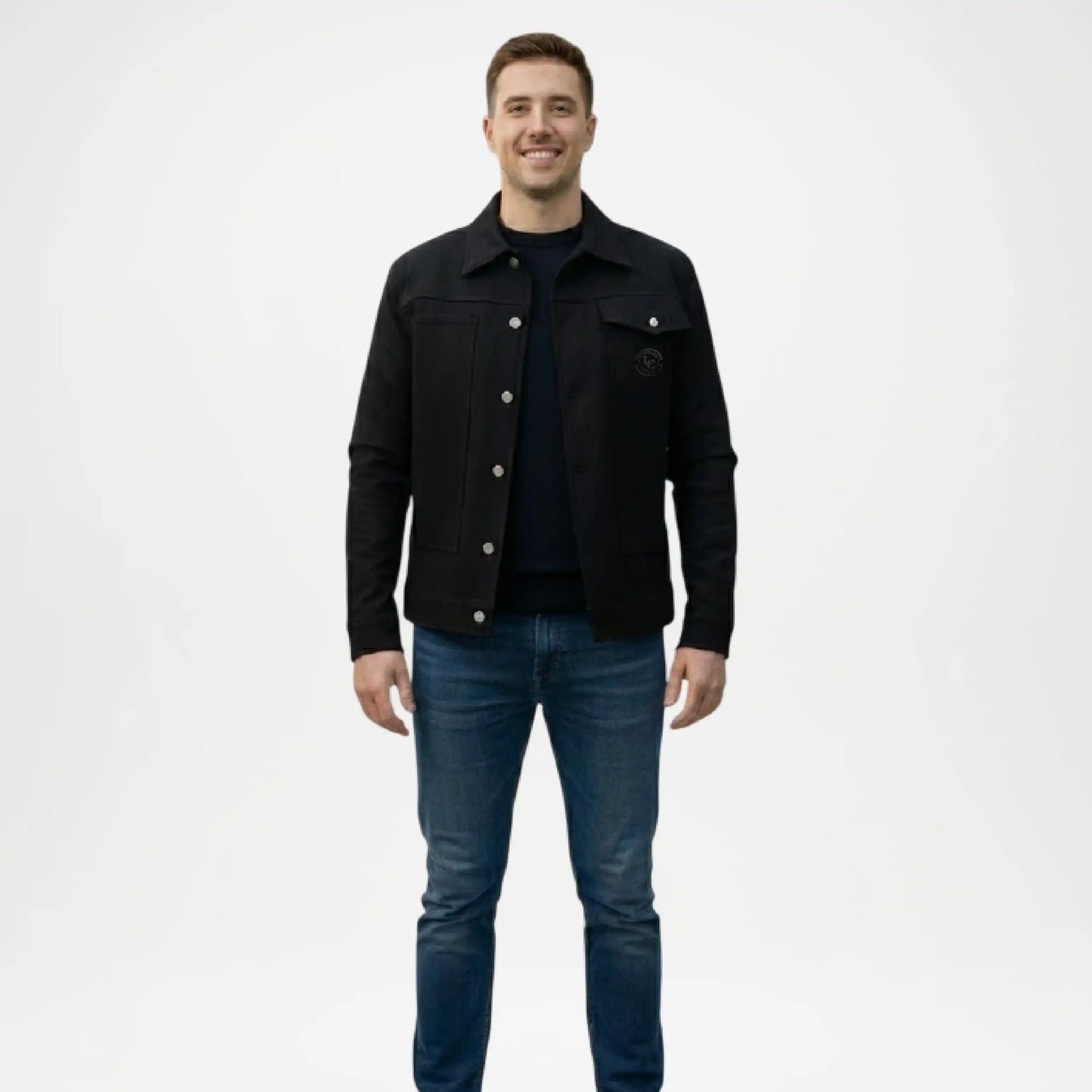 Black utility trucker jacket for men