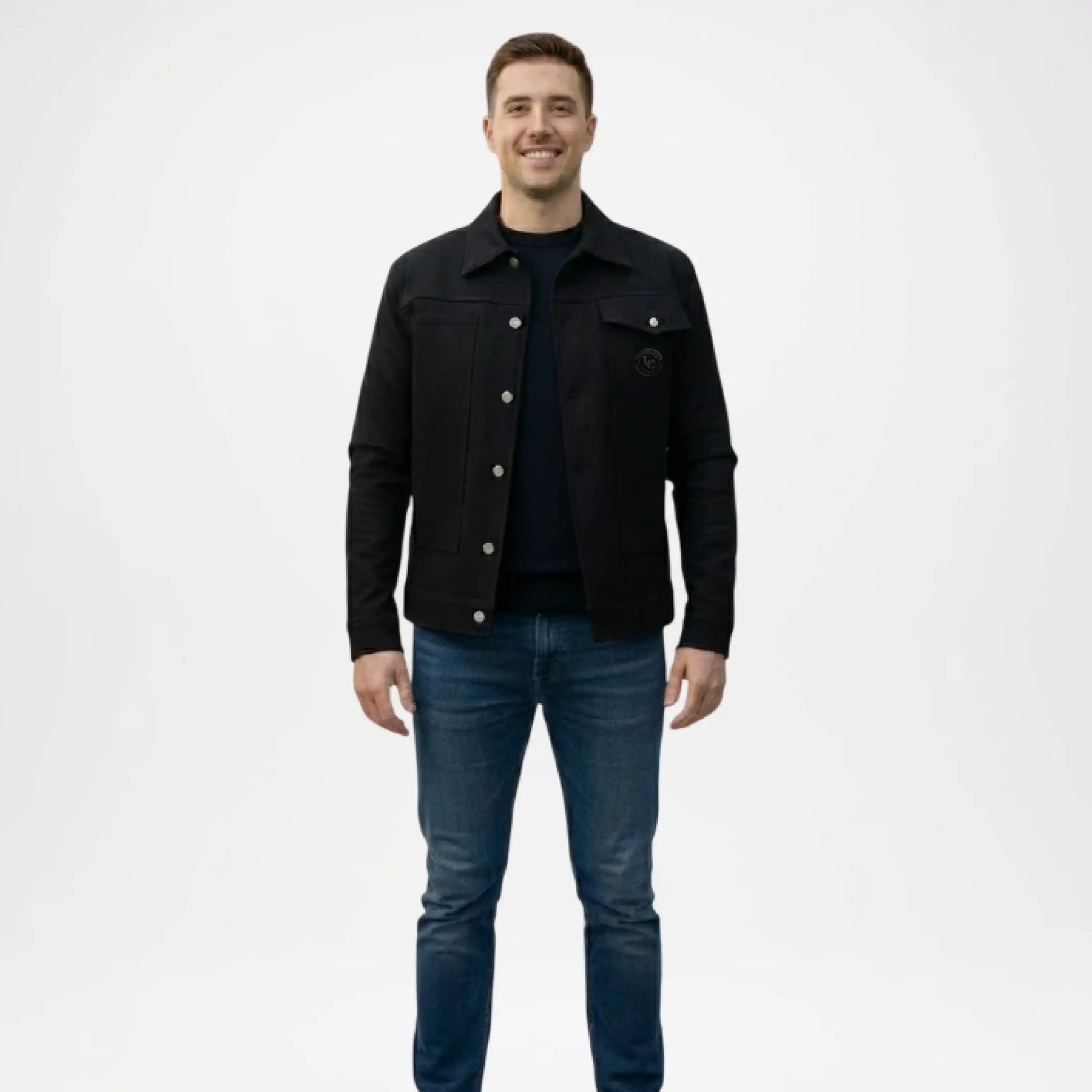Black utility trucker jacket for men