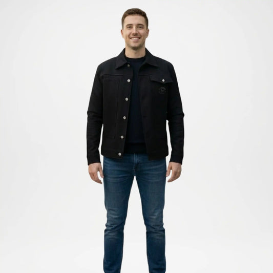 Black utility trucker jacket for men