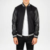 Black varsity jacket with leather sleeves for men