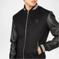Black varsity jacket with leather sleeves for men