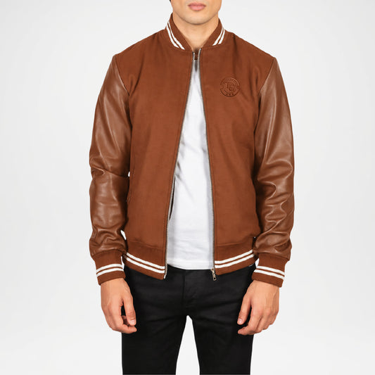 Brown Varsity Jacket with Leather Sleeves for Men