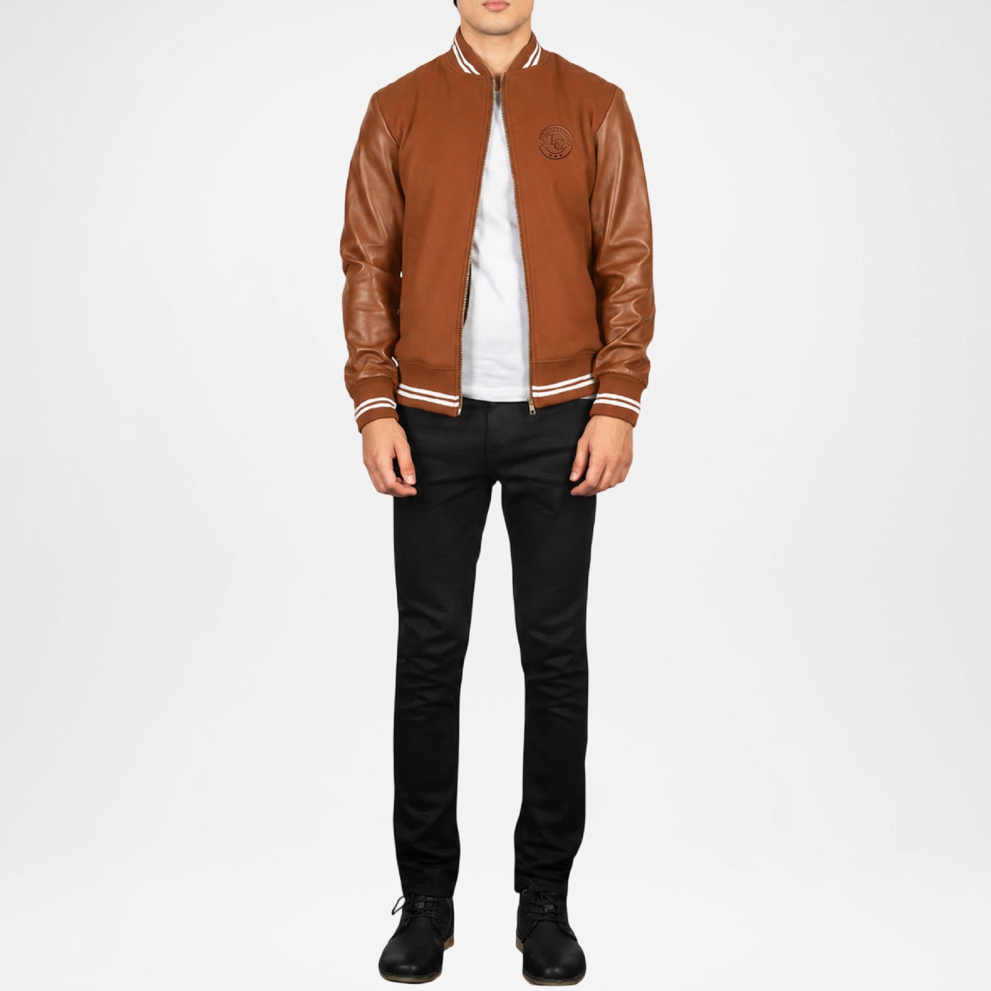 Brown Varsity Jacket with Leather Sleeves for Men
