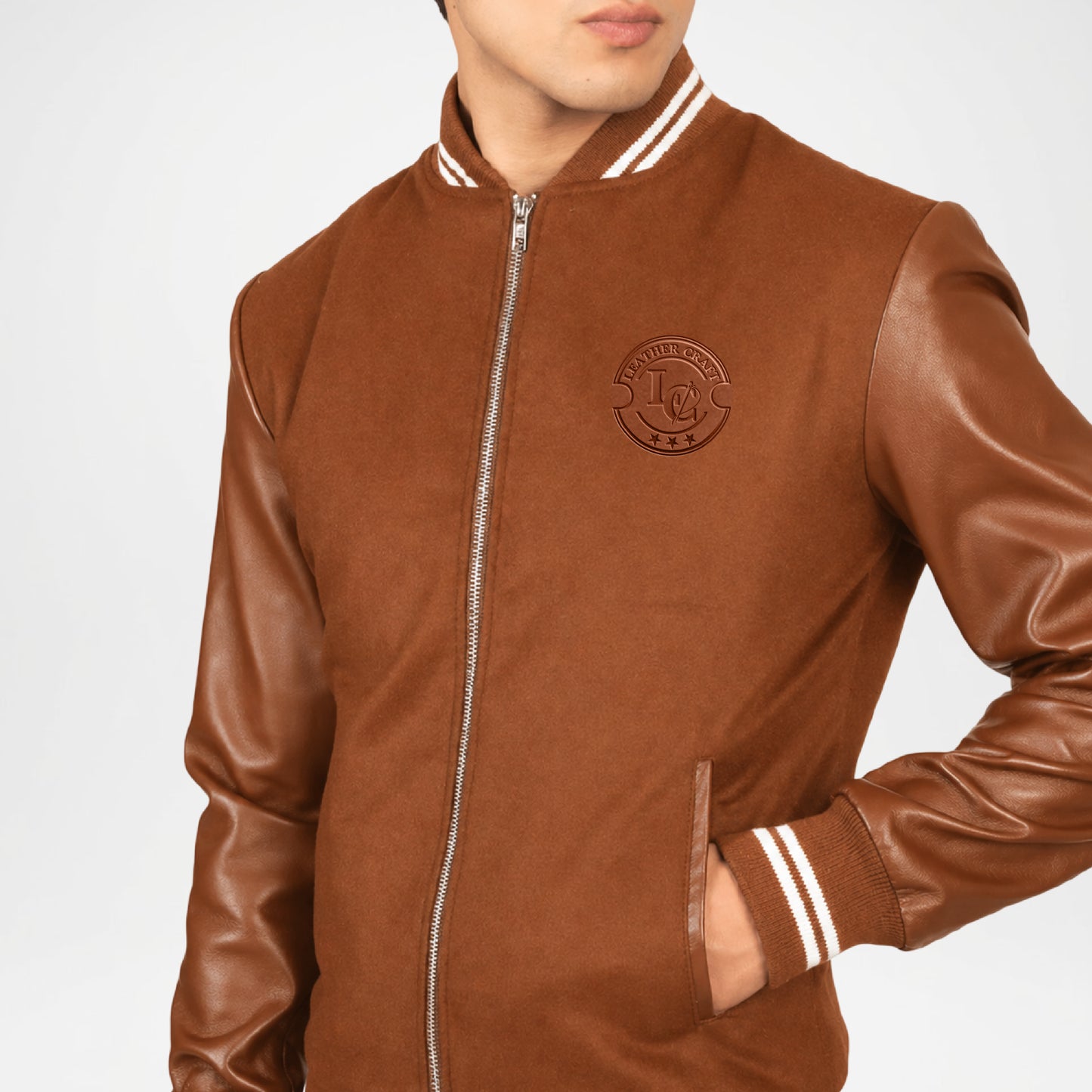 Brown Varsity Jacket with Leather Sleeves for Men