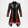 A black leather-like long coat with red flame graphics and silver tribal-style patterns, shown on a plain light gray background.