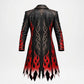A black leather jacket with red flame patterns and beige tribal-style line art, shown from the back against a light gray background.