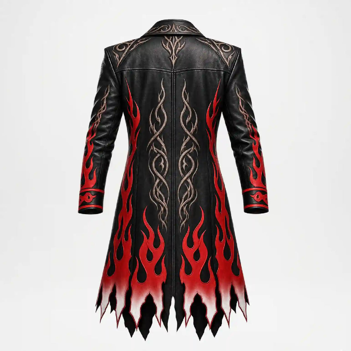 A black leather jacket with red flame patterns and beige tribal-style line art, shown from the back against a light gray background.