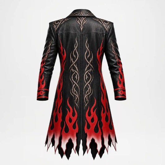 A black leather jacket with red flame patterns and beige tribal-style line art, shown from the back against a light gray background.