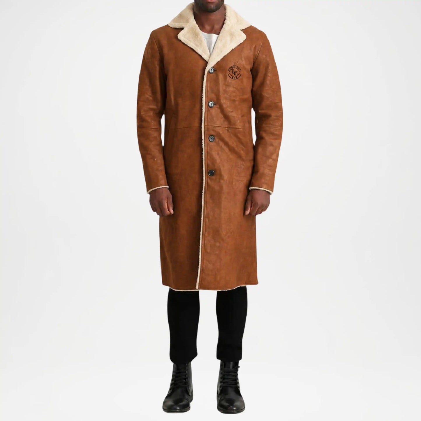 Brown Shearling Leather Trench Coat for Men