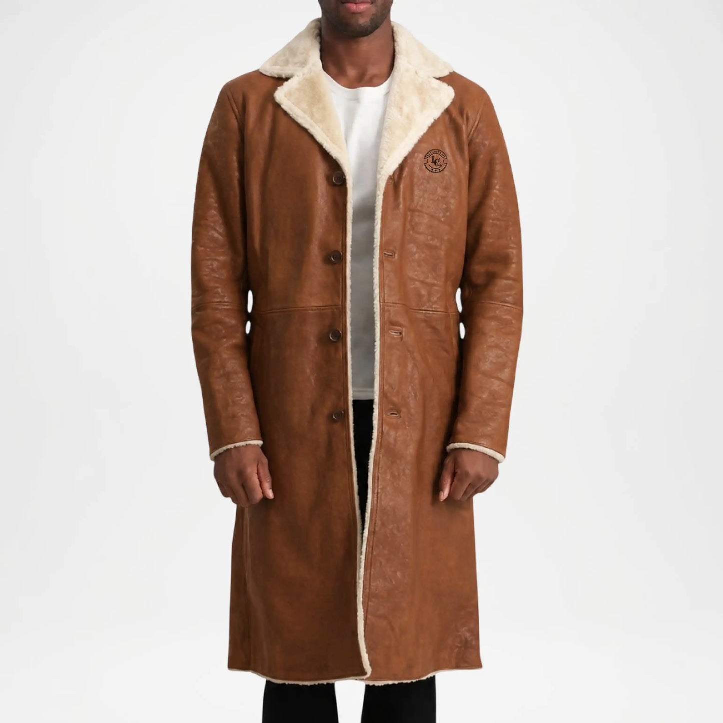 Brown Shearling Leather Trench Coat for Men