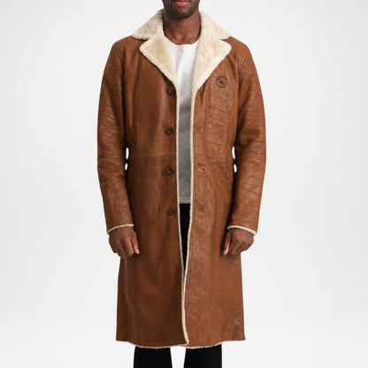 Brown Shearling Leather Trench Coat for Men