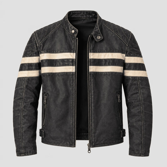 A men's black leather motorcycle jacket with two horizontal cream-colored stripes across the chest and upper arms, displayed on a neutral light gray background.