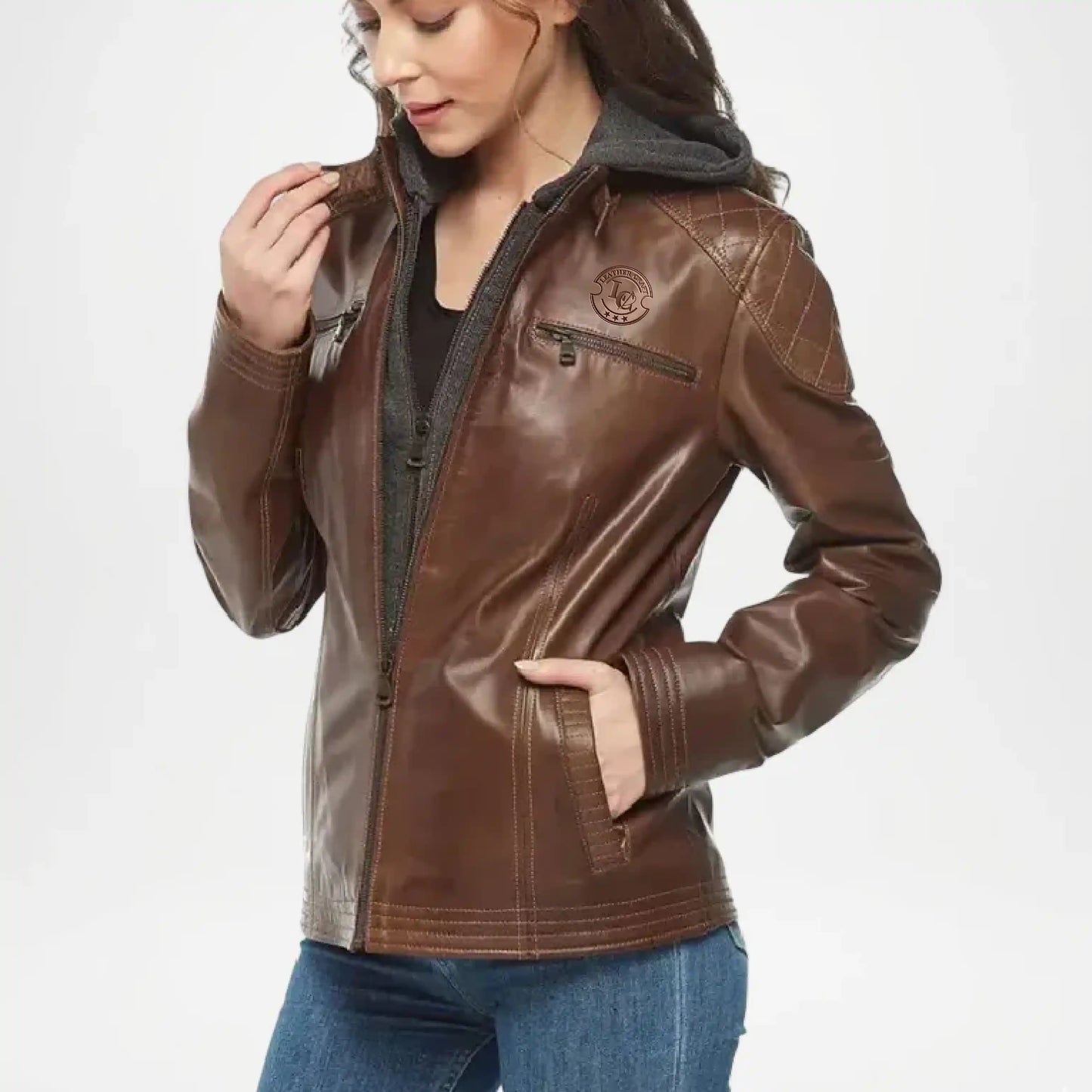chocolate brown leather jacket women hooded style