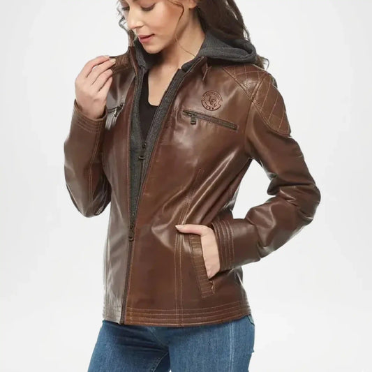 Bliss Chocolate Brown Hooded Style Leather Jacket Women’s