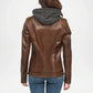 womens brown biker leather hoodie jacket
