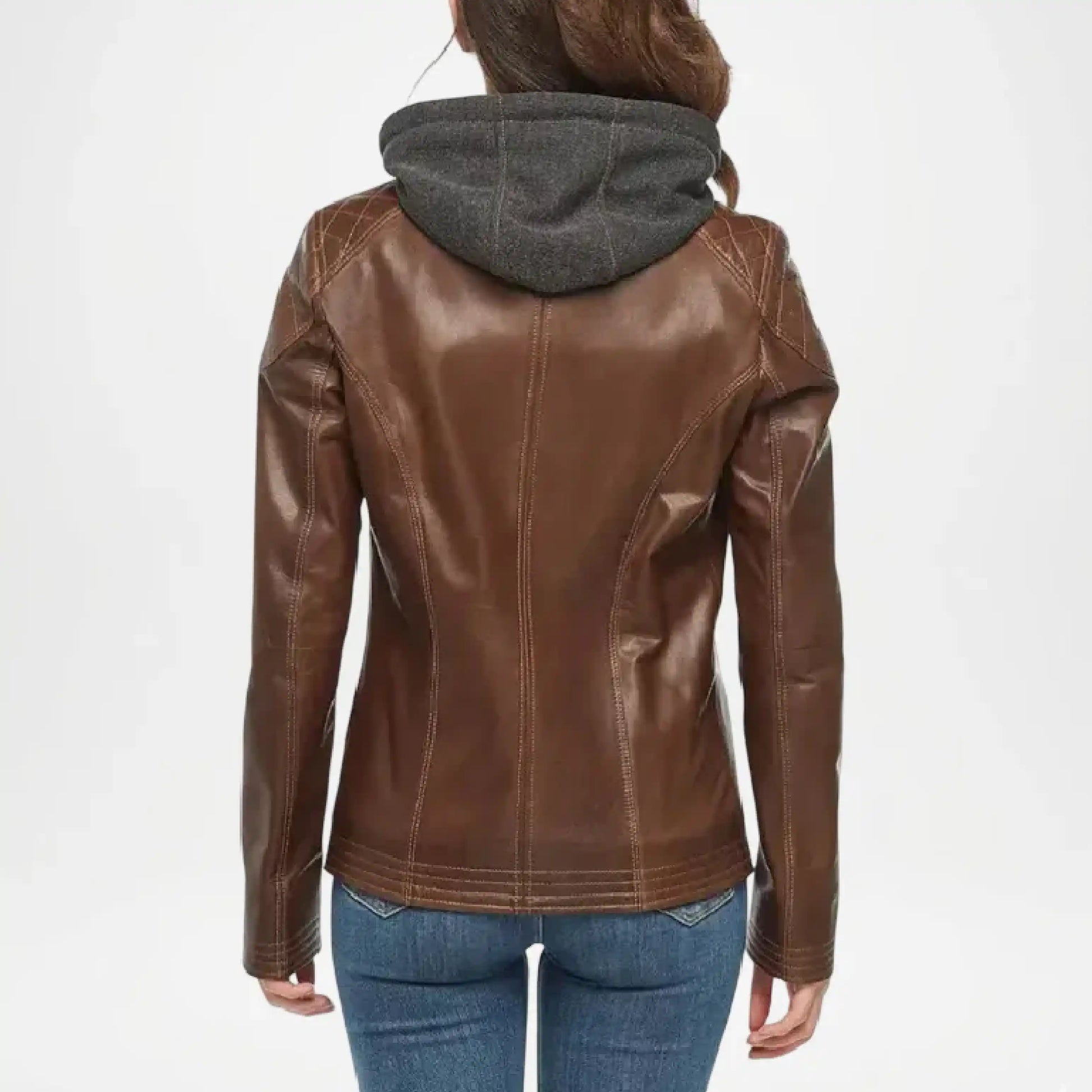 womens brown biker leather hoodie jacket