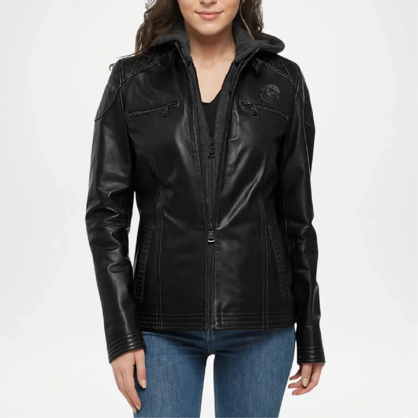 womens black leather biker jacket