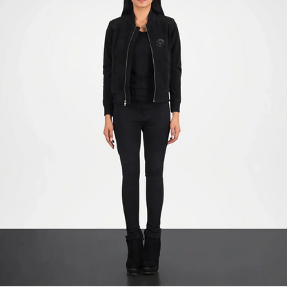 Black Suede Bomber Jacket for Women