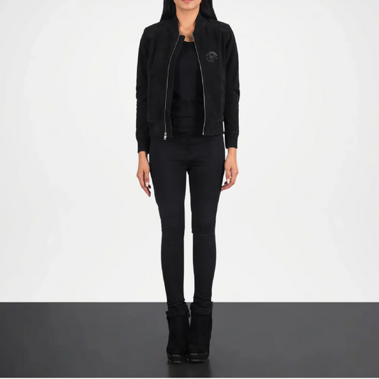 Black Suede Bomber Jacket for Women