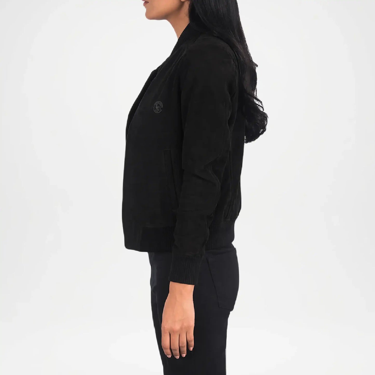black suede bomber jacket for women side view
