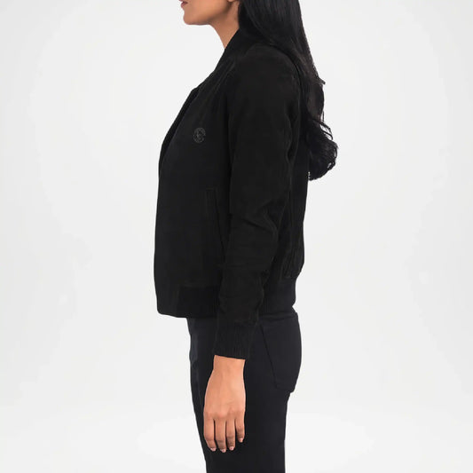 black suede bomber jacket for women side view
